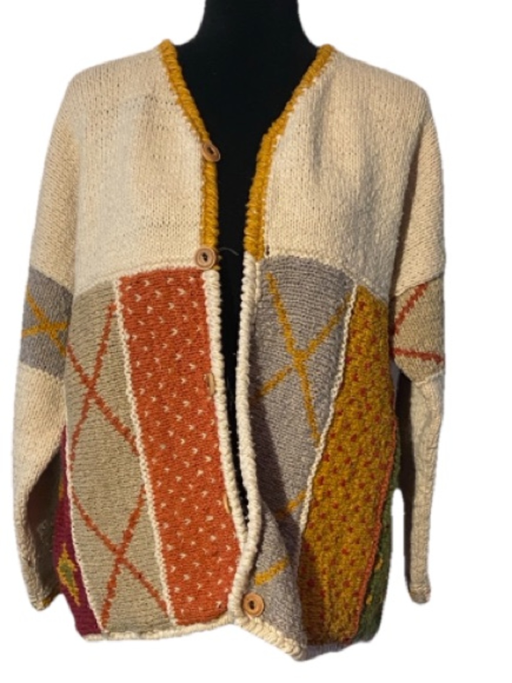 Planet Earth Handknit in Bolivia Chunky Wool Button Sweater sz M-L Geo Pattern